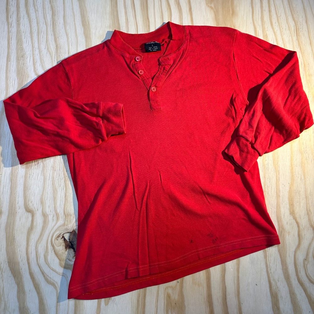 90s Sole Mens Large Red Long Sleeve Cotton 3-Button Henley Shirt Made in Turkey